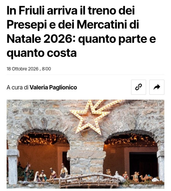 In Friuli arriva il treno dei Presepi e dei Mercatini di Natale 2026